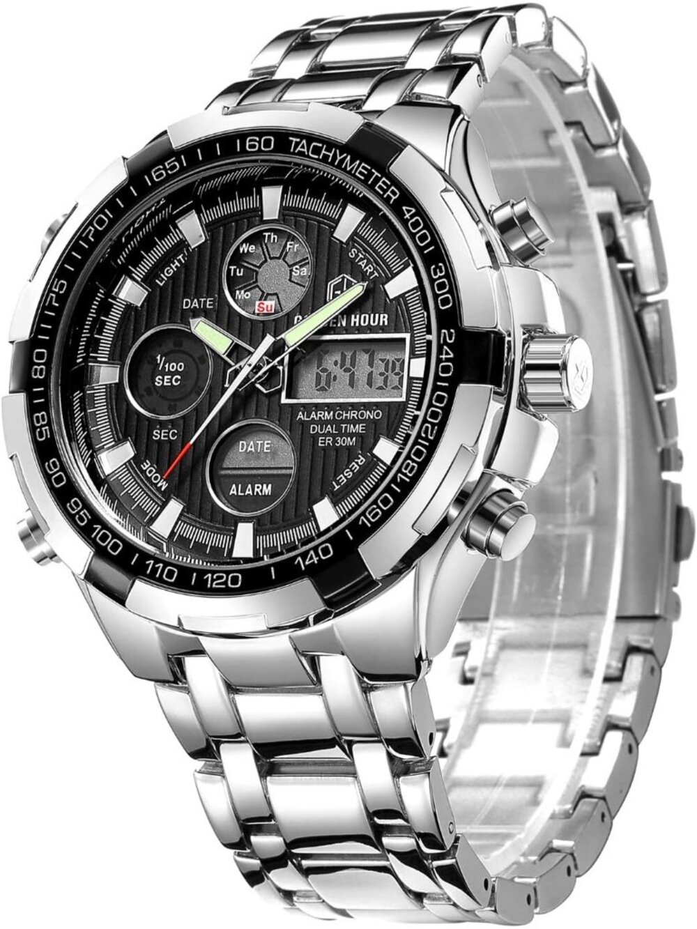 Men's Silver Black Luxury Stainless Steel Analog Digital Waterproof Wrist Watch